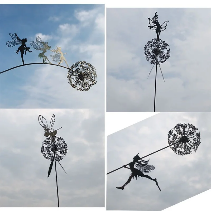 

Dandelion Flower Fairy Elf with Dandelion Garden Sculptures Dance Robin White Wire Metal Crafts Fairy Ornaments Art