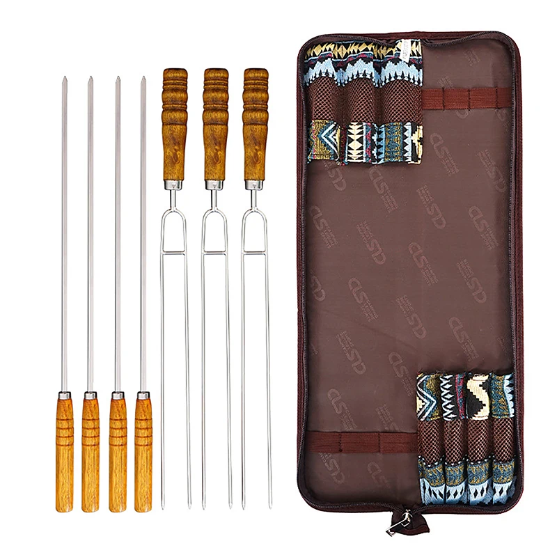 

7pcs/Set Barbecue Tool Roasting Forks With Bag Stainless Steel Barbecue Skewer Camping BBQ Forks Needle Grilling BBQ Sticks Bag