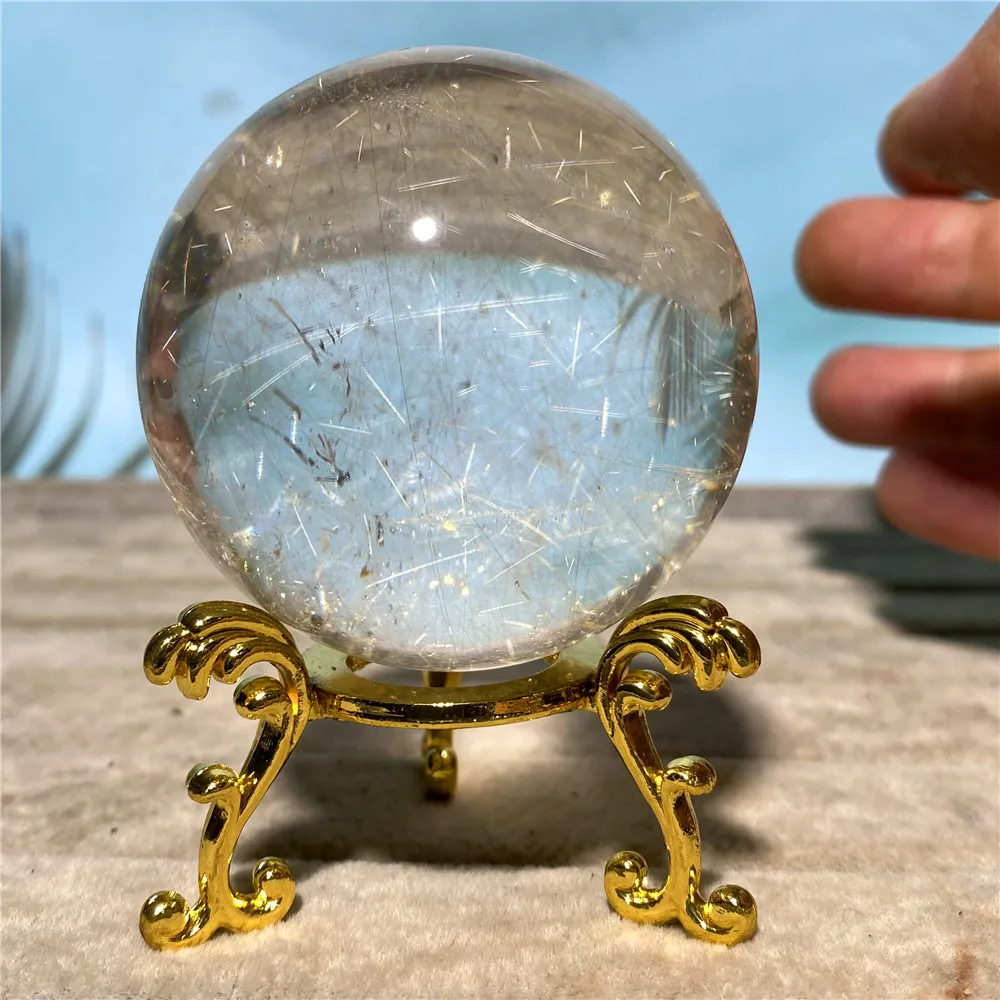 

Golden Rutiated Rainbow Natural Stone Crystal Ball Wicca Reiki Sphere Meditation Wichcraft Ornaments For Home Decoration+Stand