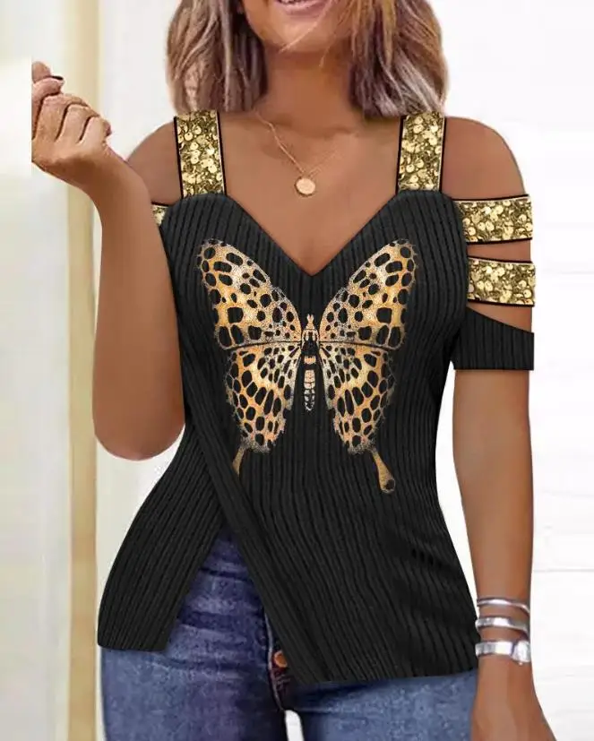

Top Women 2023 Summer Fashion Butterfly Print Split Hem Casual Cold Shoulder Short Sleeve Skinny Daily T-Shirt Top Y2K Clothes