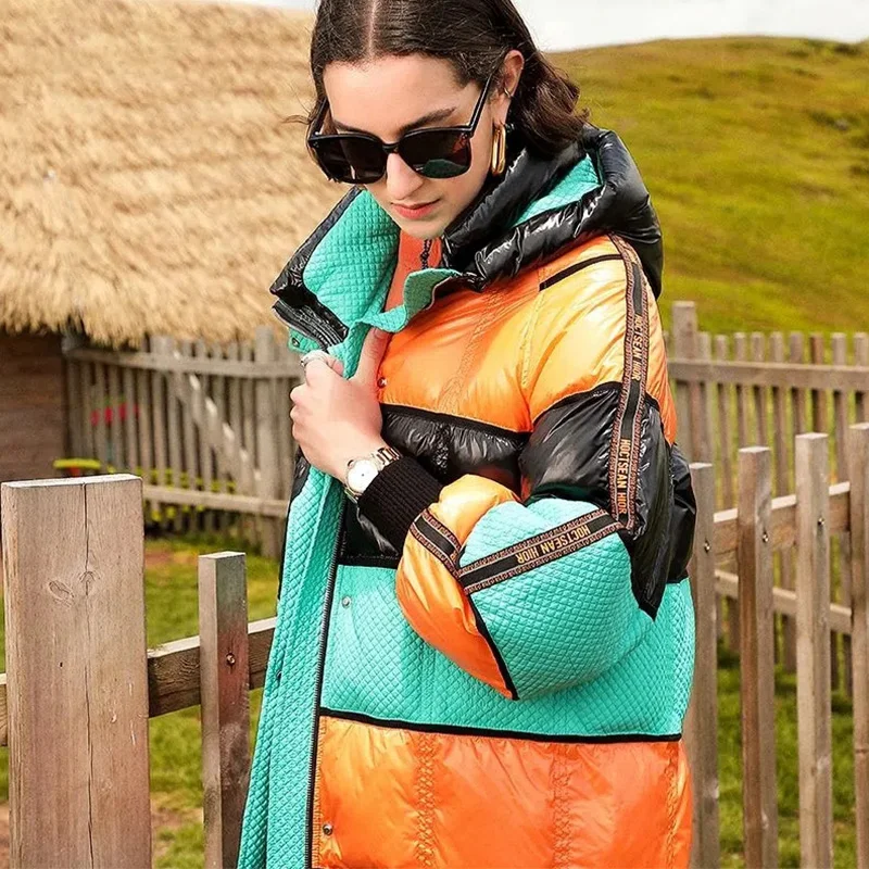 Winter Fashion Goose Down Jackets Women 2022 New Long Hooded Candy Color Mosaic Tide Loose Thick Warm Temperament Coats Female
