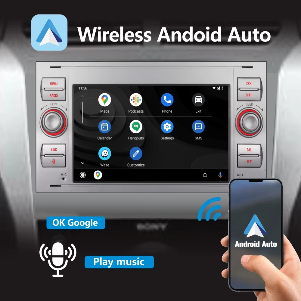 Автомагнитола с беспроводным Carplay Android авто для Ford Focus Mondeo Kuga C-Max 7-дюймовым