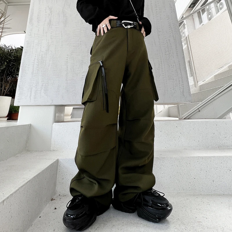 Men Multi Pocket Zipper Pleated High Street Fashion Casual Loose Cargo Pants Male Streetwear Outdoor Cityboy Pants Overalls