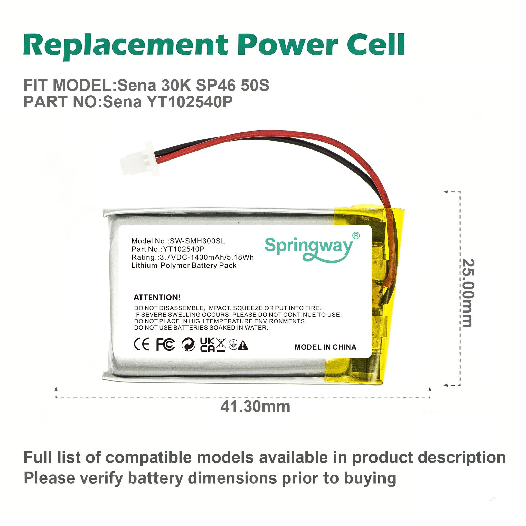 Фото Аккумулятор Li-Po Springway 3.7V 1400mAh YT102540P для замены, совместим с Sena 30K SP46 50S Helmet Intercom SW-SMH300SL №2