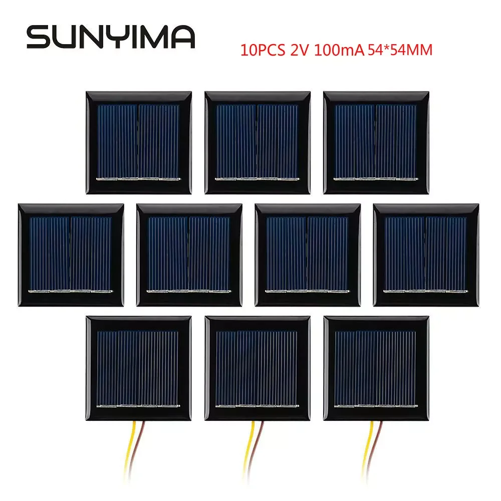 

SUNYIMA 10Pcs 2V 100mA Poly Solar Panel with 15cm Extend Wire 54*54mm Mini Solar Cell DIY Power Bank Battery Charge Module