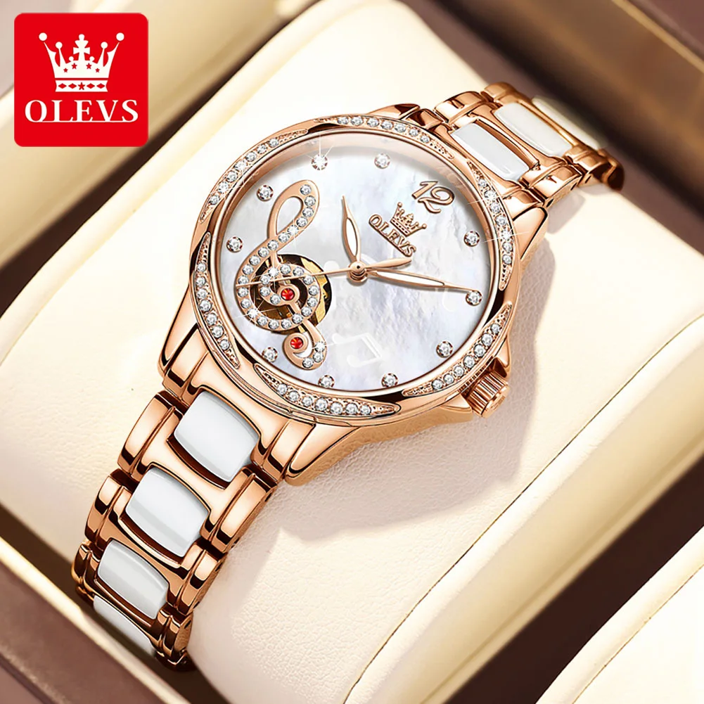 OLEVS Mechanical Watches For Women White Musical Note Design Waterproof Luminous Elegant Ceramics Watchband Ladies Wristwatch