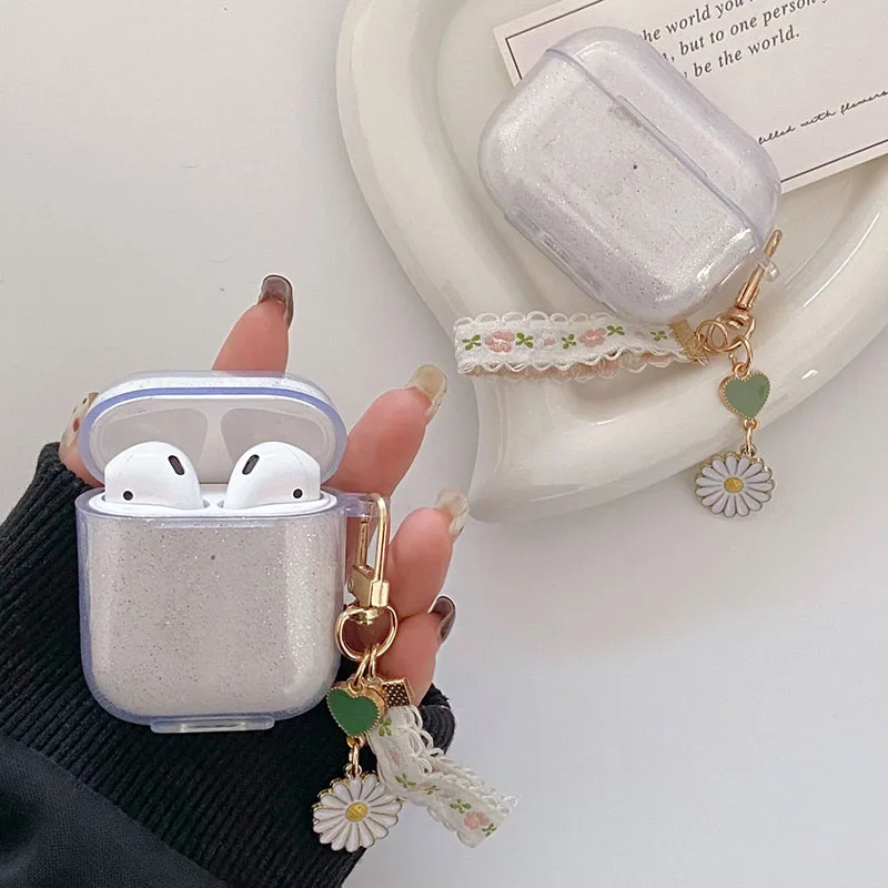 Фото Блестящий прозрачный чехол для наушников AirPods Pro 3, чехол для AirPods 4 Pro 2, мягкий TPU-чехол с подвеской в виде ромашки. №1