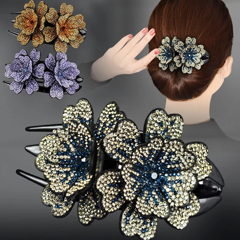 

Women Elegant Rhinestone Hair Claw Double Flower Hair Clip Barrettes Ponytail Hairpin Three-tooth Duckbill Clip Hair Accessories
