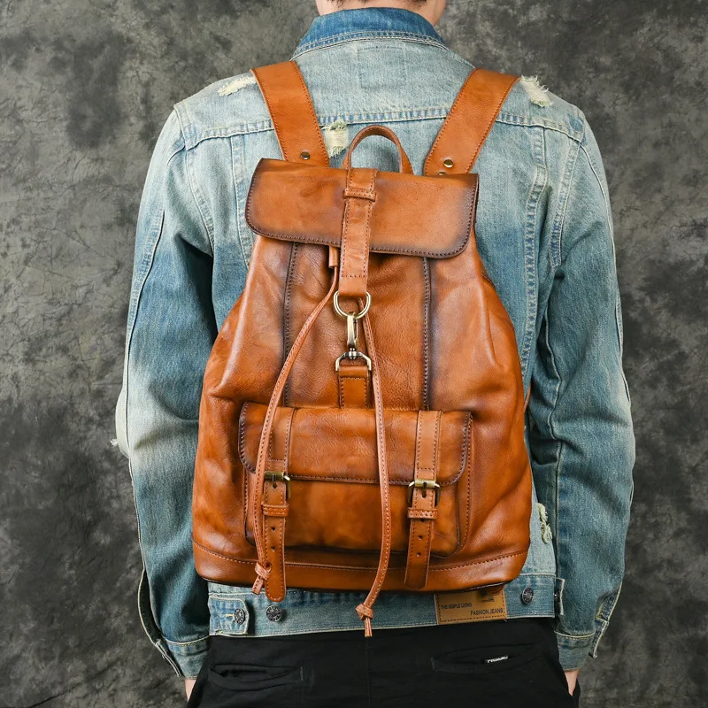 Vintage Men's Backpack Genuine Leather Casual Business Bag Pack for Boys Travel Bag Male Cowhide Large 14 inch Laptop Bag