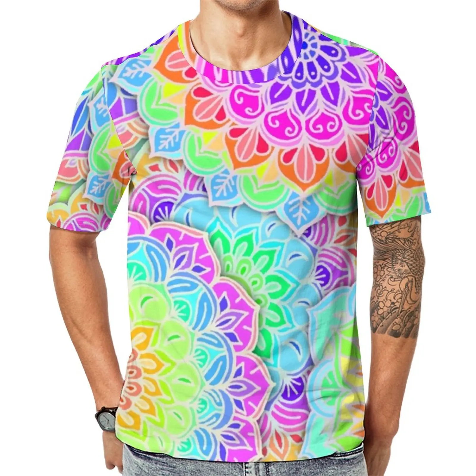 

Colorful Mandala T Shirt Psychedelic Print Fun T Shirts O-Neck Vintage Tee Shirt Summer Couple Custom Tops Plus Size 6XL