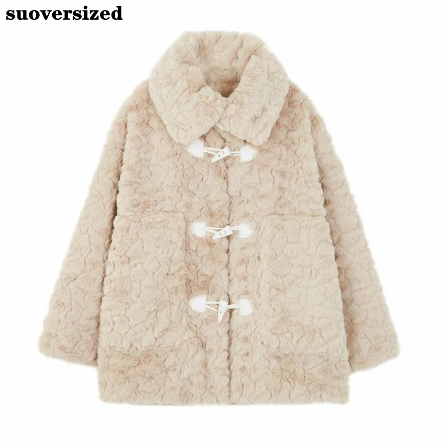 Winter Imitation Lambwool Mink Rabbit Fur Jacket Women Plush Warm Thick Coat Horn Button Furry Soft Outwear Top Sobretudo Casaco