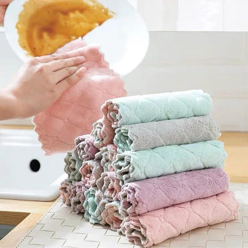 

10pcs Absorbent Non-stick Oil Soft Dishcloth, Microfiber Clean Scouring Pad Tools, Thicken Double-layer Kitchen Cleaning Towel