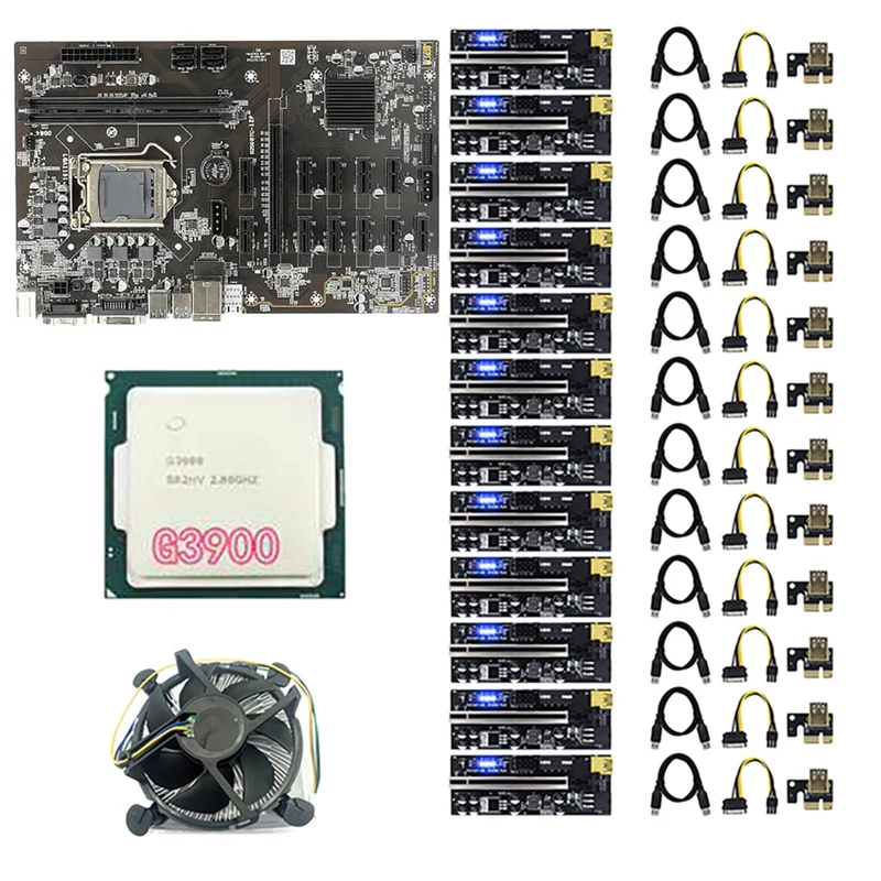 

B250 BTC Mining Motherboard With 12X009C PLUS PCIE Riser Card+CPU+Cooling Fan 12 GPU LGA1151 DDR4 DIMM For Bitcoin