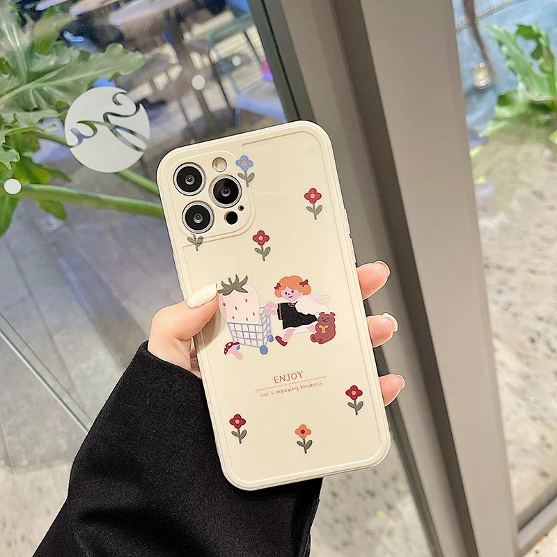 

For iphone 11 12 13 Pro Max XR X Xs 6 7 8 Plus Phone Case Simple Cute Cartoon Shopping Girl Bear Flowers Skin Friendly Shell