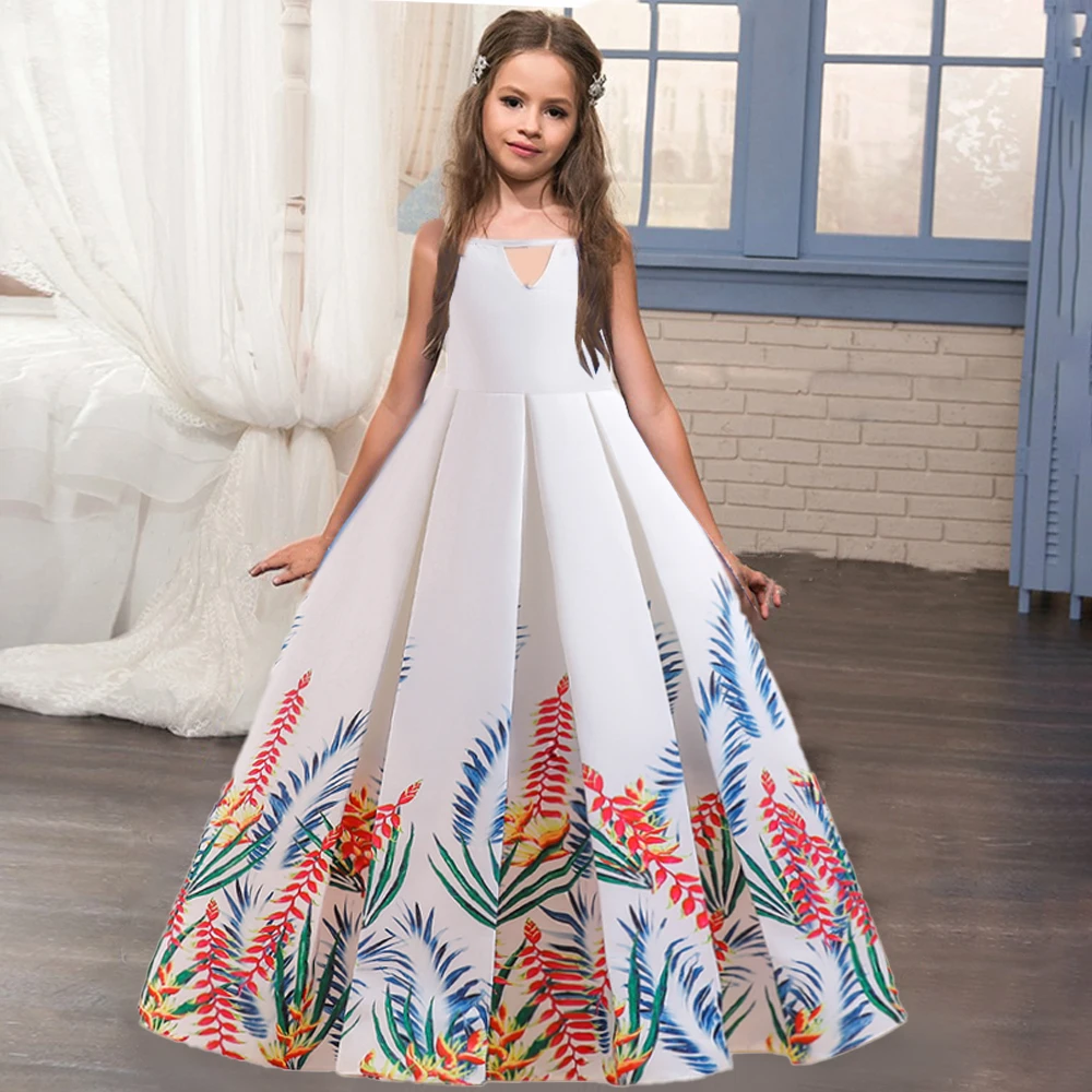 Купи Elegant Long Suspenders Party Dresses For Girls Children Summer Flower Print White Princess Dress Girl Wedding Ball Gown Costume за 1,036 рублей в магазине AliExpress