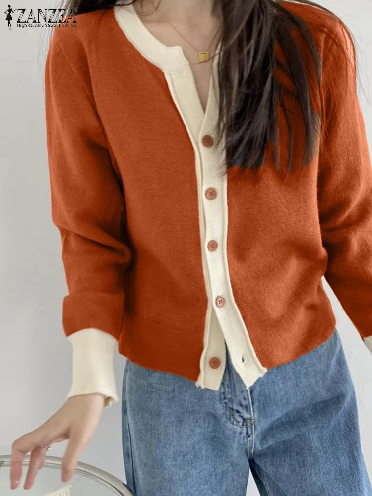 Женская верхняя одежда с цветными блоками ZANZEA модные топы v-образным вырезом