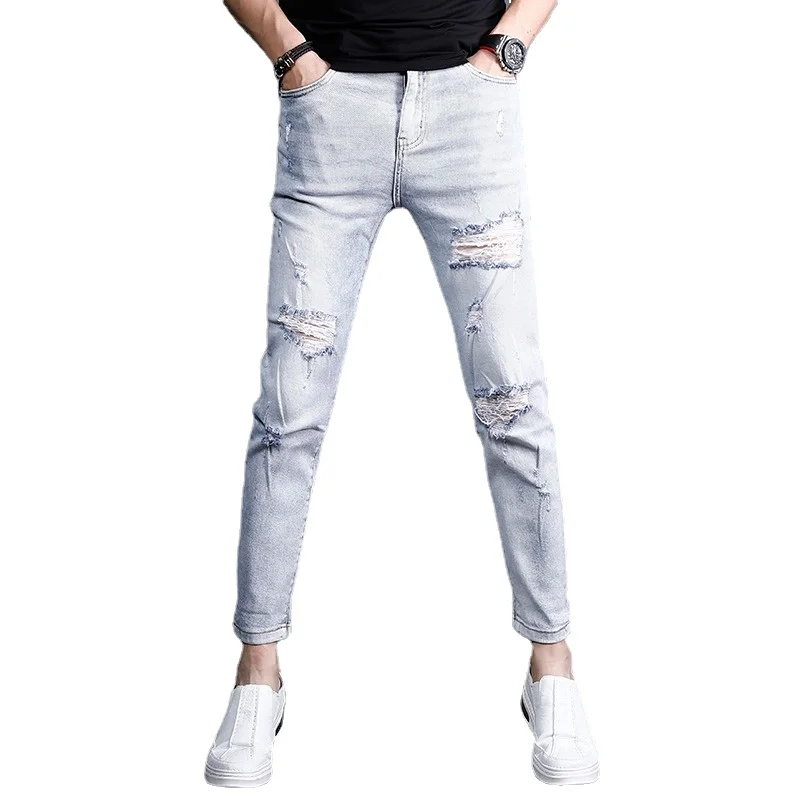 Summer Ripped Jeans Men Light Blue Ankle-Length Pants Streetwear Fashion Lightweight Slim Fit Denim Trousers
