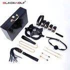 BLACKWOLF БДСМ Связывание наборы из натуральной кожи удерживающий набор наручники Ошейник Кляп Вибраторы интимные игрушки для женщин пары взрослые игры