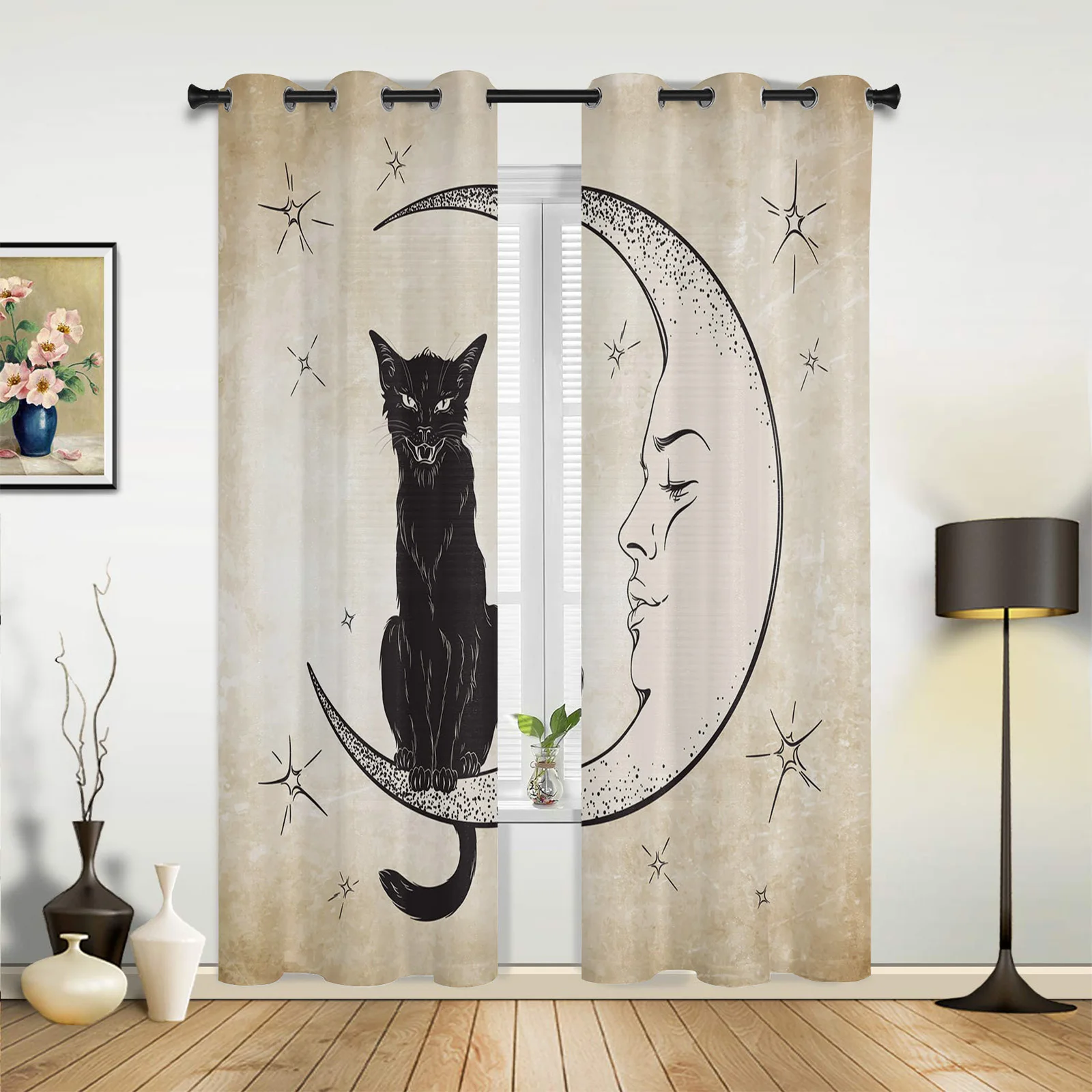 

Animal Cat Moon Stars Retro Curtains for Bedroom Living Room Drapes Kitchen Children's Room Window Curtain Modern Home Decor