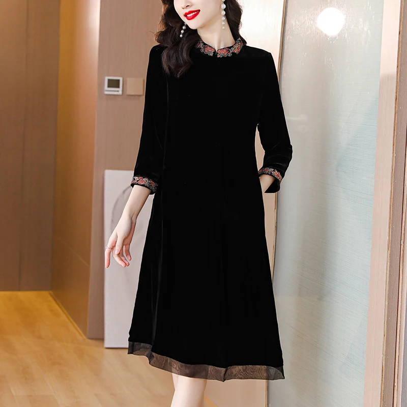 Черное Фланелевое шикарное кружевное платье-миди с расклешенным рукавом женское