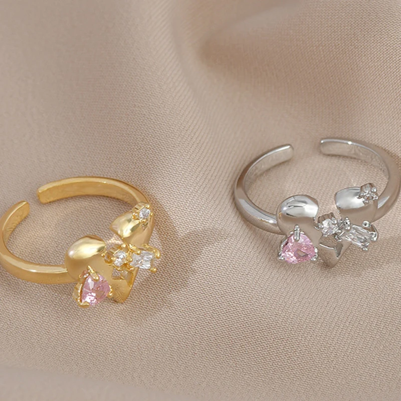 

Unique Cardiotype Rings Silver Gold Color Opening Irregular Zircon Ring For Woman Elegant Party Student Jewelry