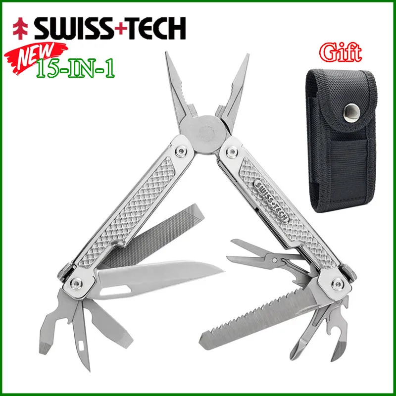 SWISS TECH 15 в 1, многофункциональный инструмент, складные плоскогубцы, многофункциональный инструмент EDC, карманный нож, ножницы, инструменты для ремонта на открытом воздухе, кемпинг