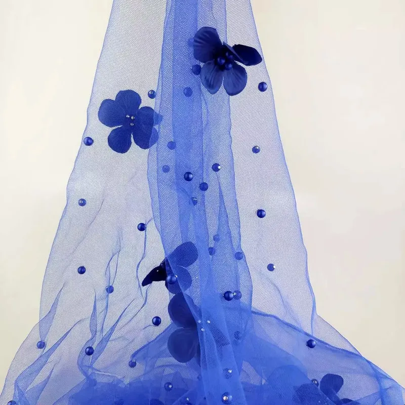 3/5/10yard Soft 3D Mesh Fabric Beads Pearl and Flower Embroidered Lace Tulle Material for Dressmaking Black White Pink by yard - купить по