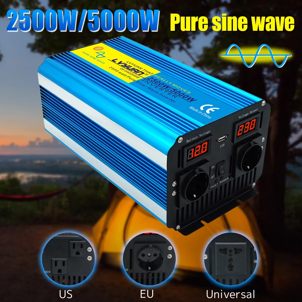 

5000W PURE SINE WAVE INVERTER DC 12V/24V To AC 220V 110V LCD&LED Voltage Display Solar Converter Dual Universal EU US Socket