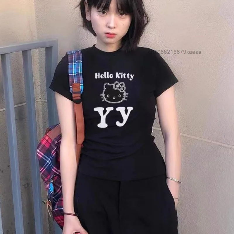 Sanrio Hello Kitty милая летняя футболка из чистого хлопка новая облегающая Y2k Sweet Spicy Girl