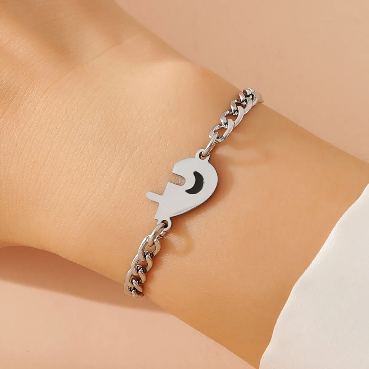 2pcs/set Stainless steel Embossed Puzzle Sun and Moon Pendant Couple Bracelet for Men Women Jewelry Accessories