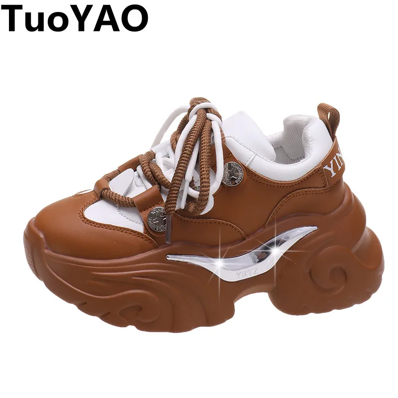

Новинка, женские массивные кроссовки на шнуровке, дизайнерская коричневая обувь для папы, кожаная обувь на высокой платформе Ulzzang, осенняя повседневная спортивная обувь для женщин