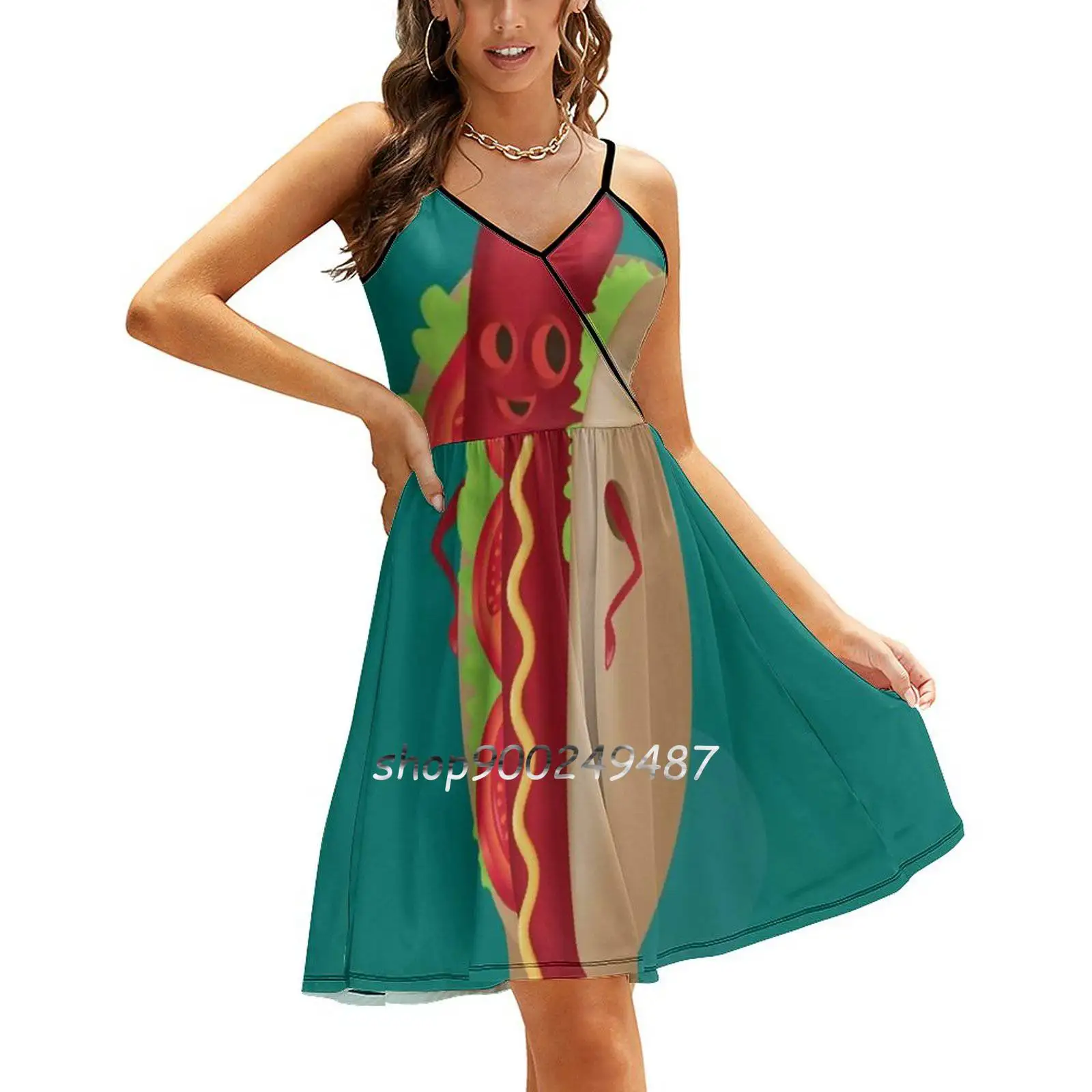 

Счастливое Платье Хотдог на бретельках, женские летние платья с принтом на ремне, американский хлеб, булочка, мультяшный персонаж, комикс, в...