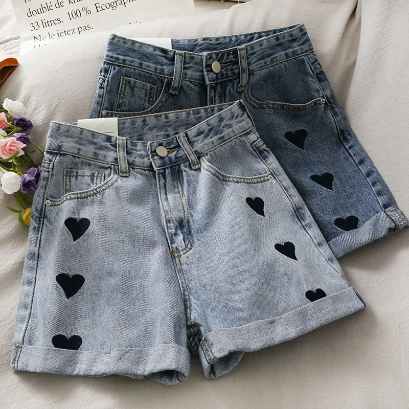 

Love Embroidered Jeans Shorts Women Loose Korean Version of Summer High Waist Show Thin Curly Edge A-word Wide Legs Booty Shorts
