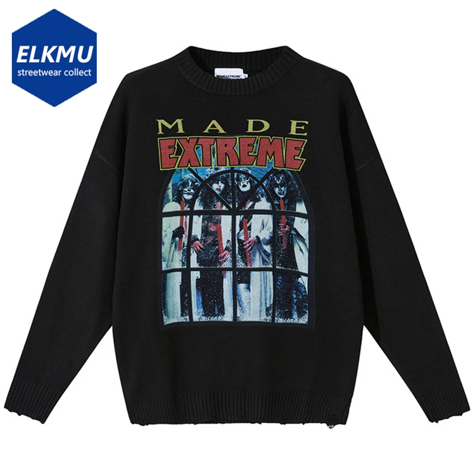 

Винтажный свитер в стиле рок, мужские свитеры оверсайз в стиле хип-хоп, черные и белые трикотажные пуловеры