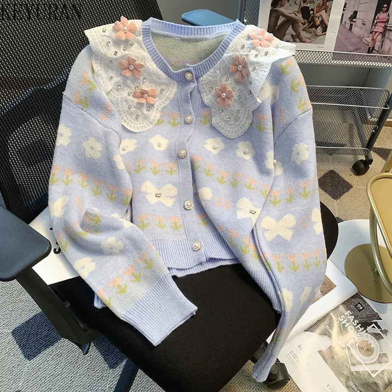 

Beading 3D Floral Knitted Cardigan Women Sweater Coat Autumn Korean Sweet Peter Pan Collar Knitwear Clothes Lace Long Sleeve Top