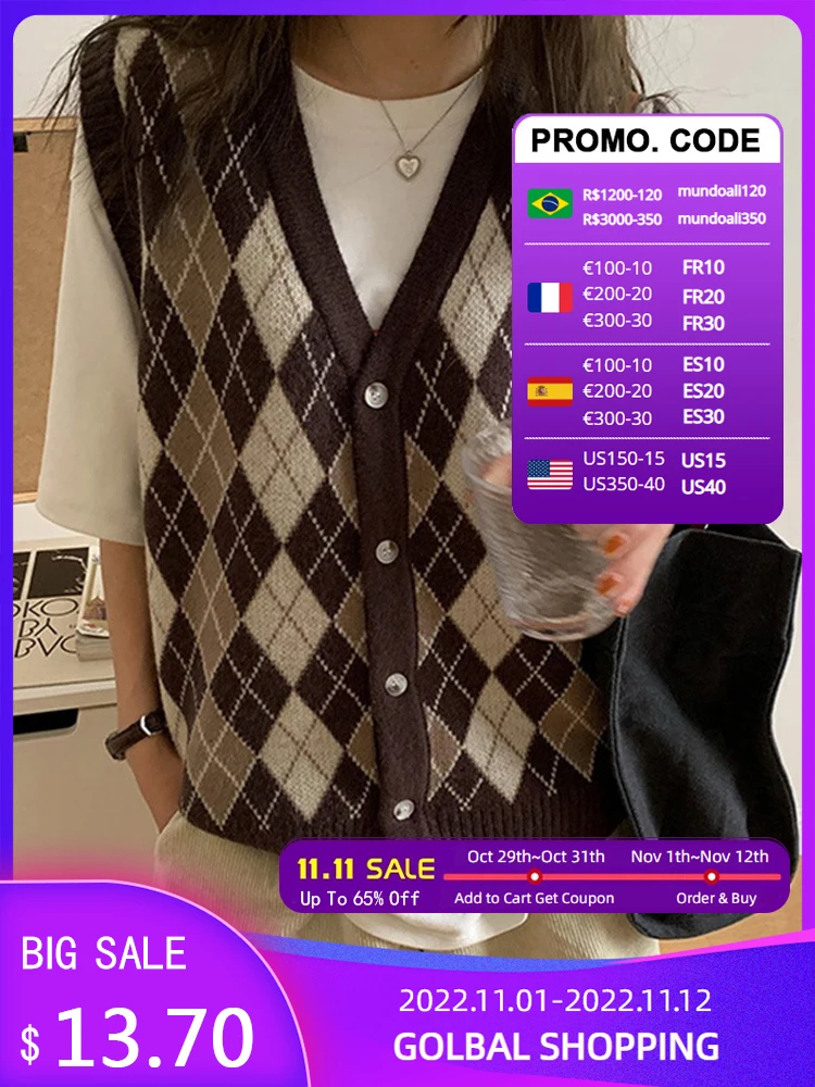 

Women Sweater Vest Autumn V-neck Tops Sleeveless Knitted Loose Korean Vests Argyle Sweaters Colete Feminino Chaleco Sin Mangas
