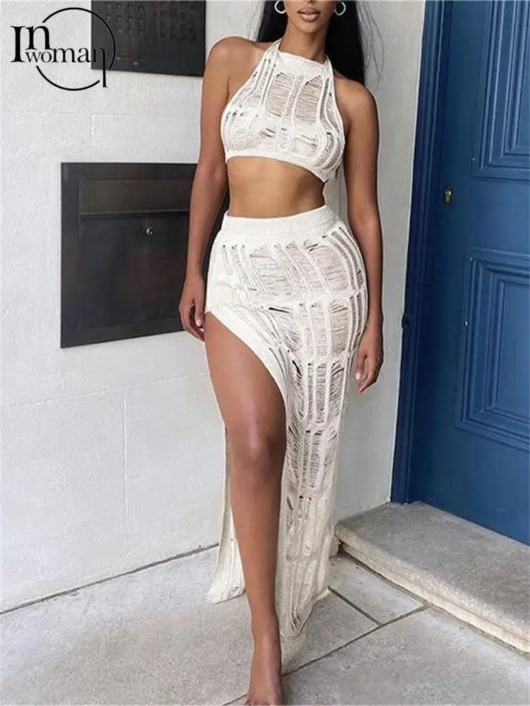 

Inwoman Knitted Black 2 Two Piece Set Summer Skirt For Women 2023 Khaki See Through Bodycon Skirts Sets Beach Vacation Skirt Set