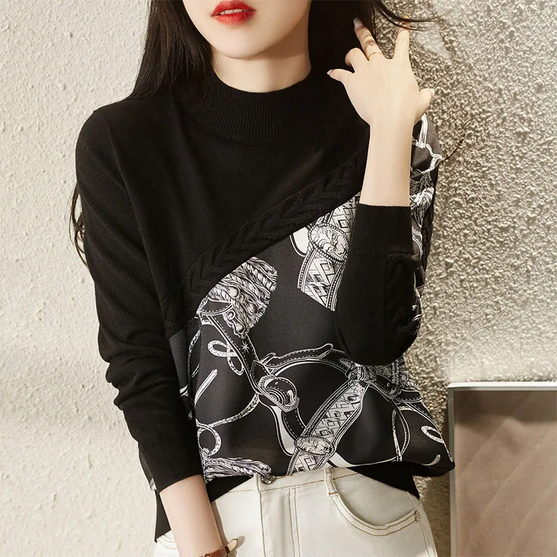 

Универсальные блузы, весенняя одежда, модные топы, бесплатная доставка, шифоновые корейские комбинированные вязаные осенние женские винтажные женские топы