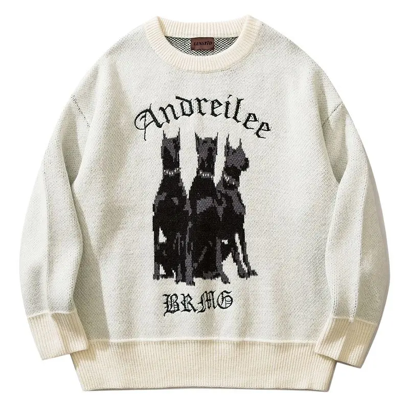 

Autumn Men Knitted Jumper Sweaters Hip Hop Dog Letter Embroidery Streetwear Harajuku Loose Fashion Casual Male Pullovers White