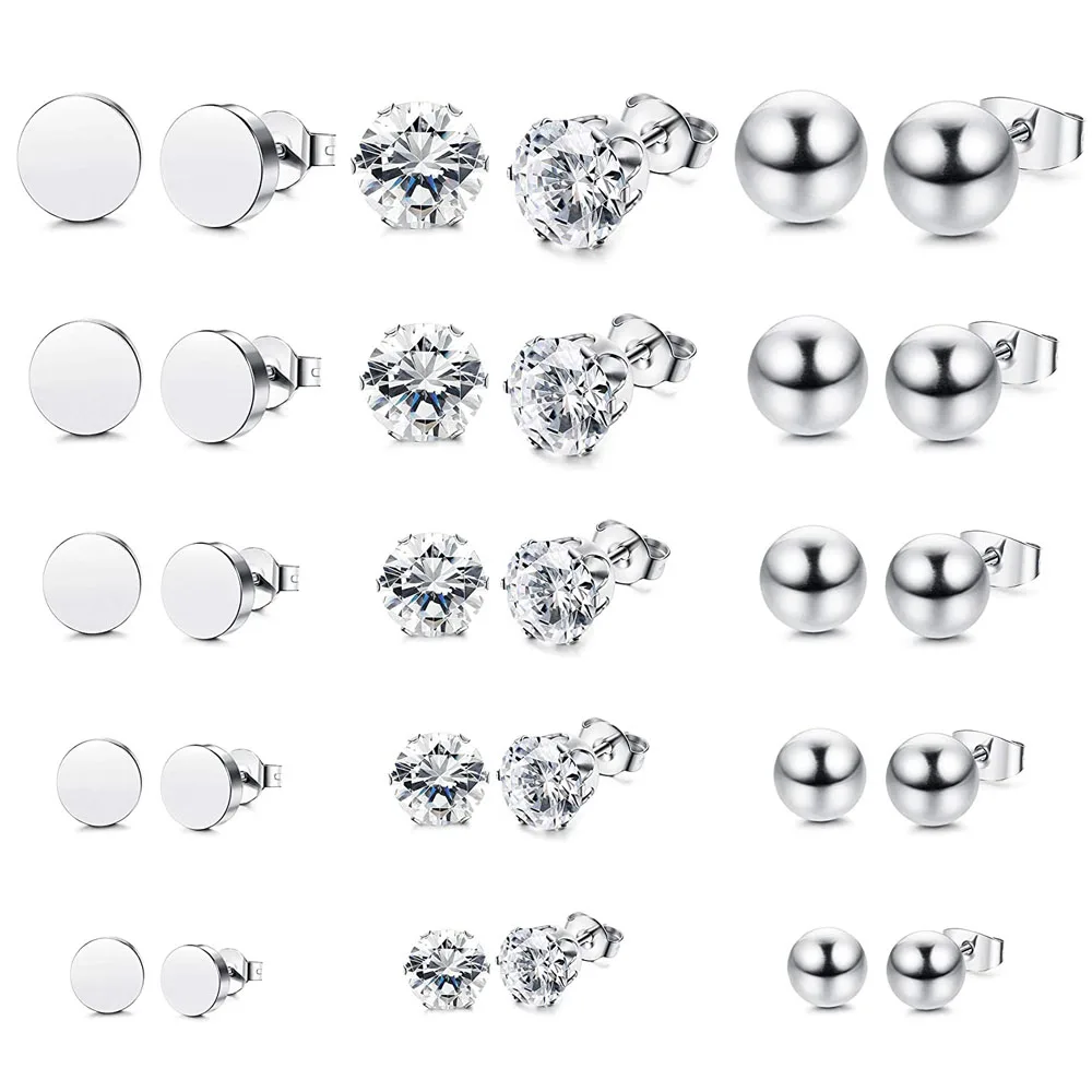 

5 Pairs Stainless Steel Tiny Stud Earrings Round Ball Circle Disc Cz Earrings Set 4-8mm