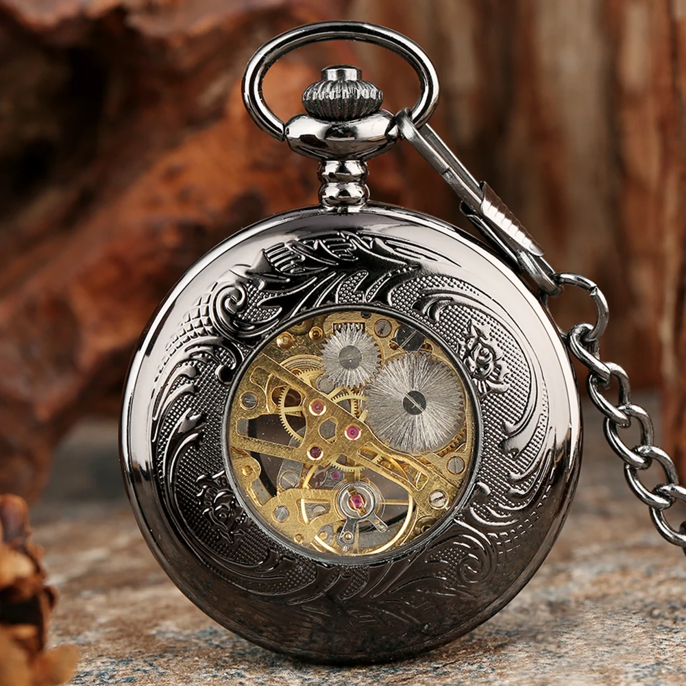 Elegant Black Skeleton Flower Manual Mechanical Pocket Watch Rose Gold Roman Numerals Dial Antique Hand Winding Vintage Clock
