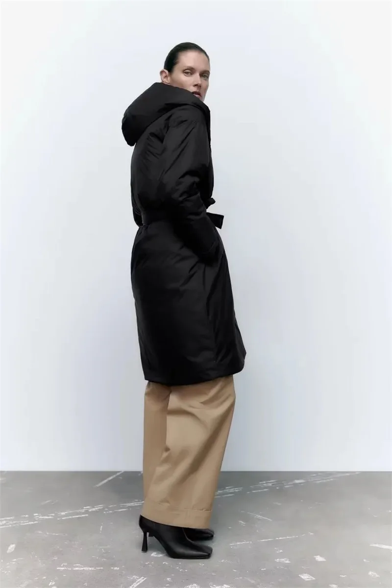 New Hooded Cotton Coat Autumn Winter Simple and Fashion Womens Dress Temperament Lace Up Medium Length Cotton Coat Women