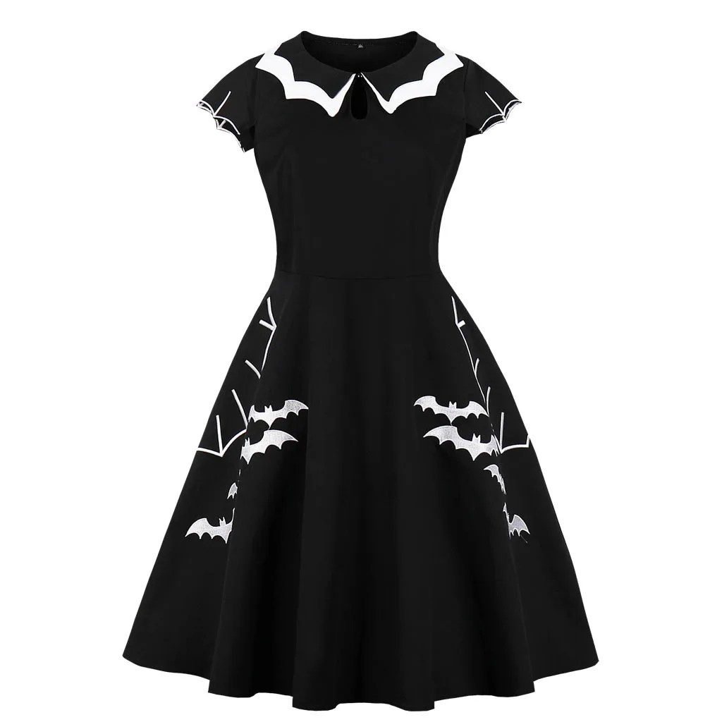 Halloween Women Plus Size Bat Spider Web Embroidery Halloween Vintage Dress 8092A white and black