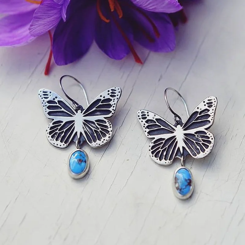 

Trendy Metal Carving Butterfly Earrings Vintage 925 Silver Needle Oval Inlaid Blue Stone Dangle Earrings for Women Jewelry
