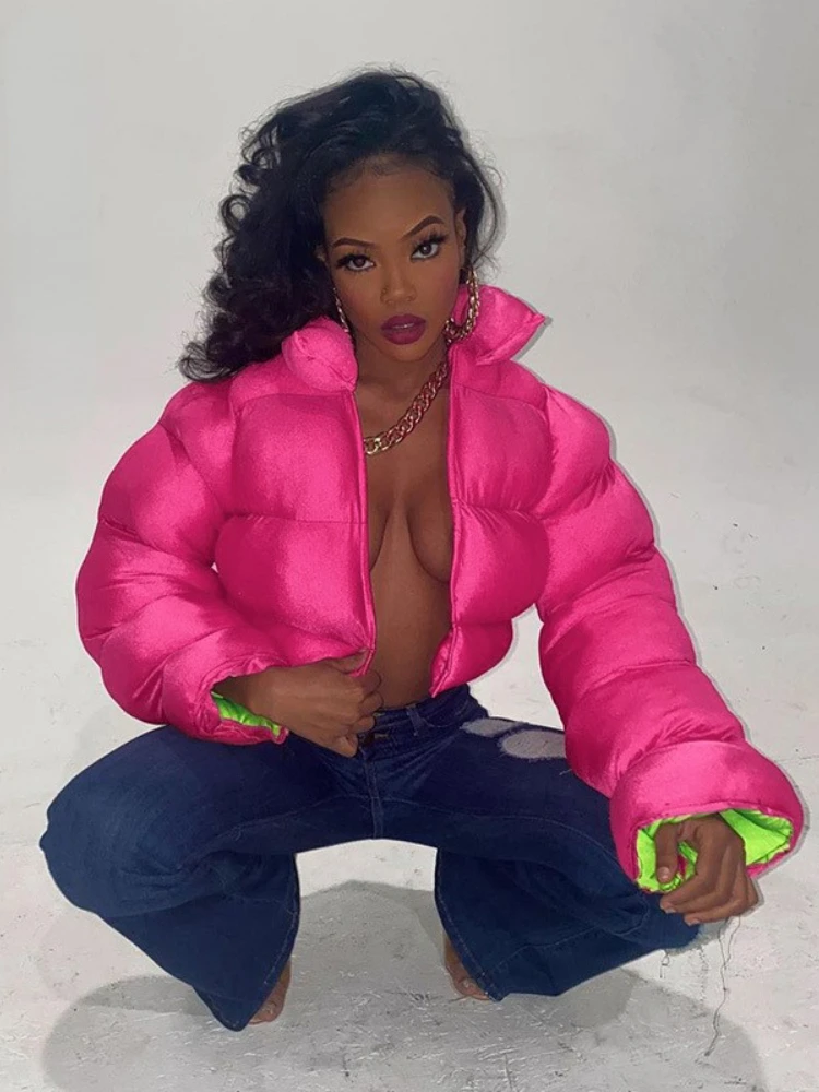 

Модная неоновая розовая укороченная куртка-пуховик, Женская осенне-зимняя повседневная теплая пузырьковая куртка на молнии, женская уличн...