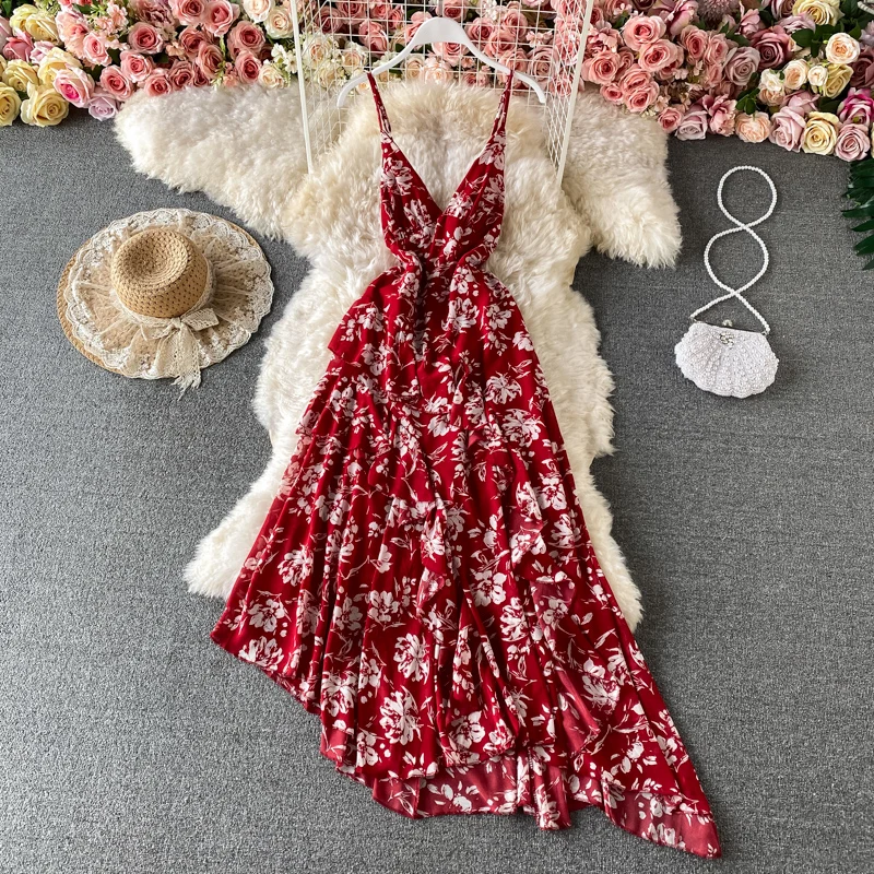 

Винтажное платье-комбинация с цветочным рисунком, с оборками, V-образным вырезом, соблазнительное асимметричное вечернее Макси-платье в сти...