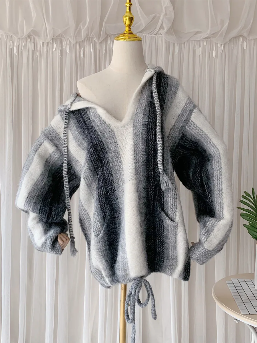 Sweet Warm Striped Hooded Drawstring Colorblock Loose Mohair Pullover Knit Tops Long Sleeve Sweater 2022 Autumn Winter H932