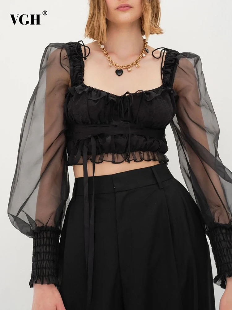 

VGH Patchwork Sheer Mesh Slimming Crop Tops For Women Square Collar Puff Sleeve Spliced Lace Up Solid Blouses Female 2023 Style