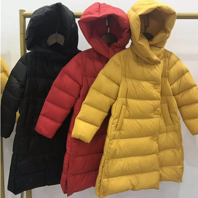 

Зимний Детский пуховик с шапкой, одежда для мальчиков и девочек, утепленная куртка средней и длины на белом утином меху