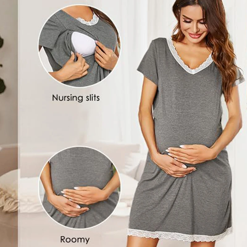 Lace Nightdress for Nursing Mothers Maternity Pajamas Breastfeeding Gown Pregnancy Sleepwear Pregnant Woman